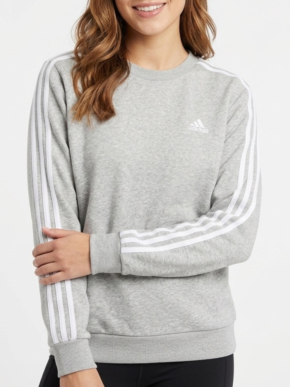Adidas Essentials 3-Stripes Womens Fleece Sweatshirt Heather Gray Size Large